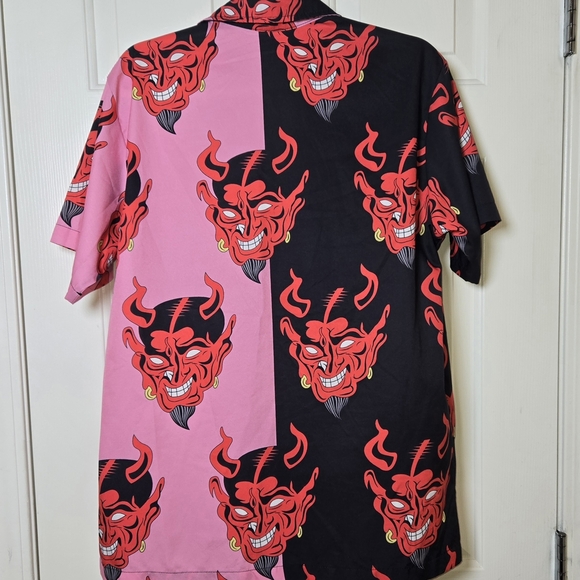 Hawaiian Devil Button Down Shirt Black & Pink Casual BOLD HARAJUKU STREETWEAR LG - Picture 14 of 17